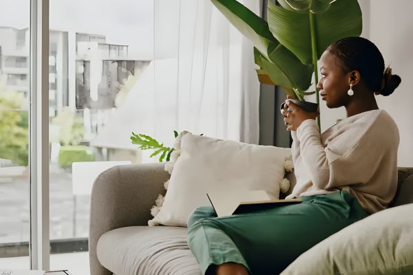 The Amber at Greenbrier Woman relaxing on a sofa by a window, holding a mug and looking outside, with a laptop beside her.