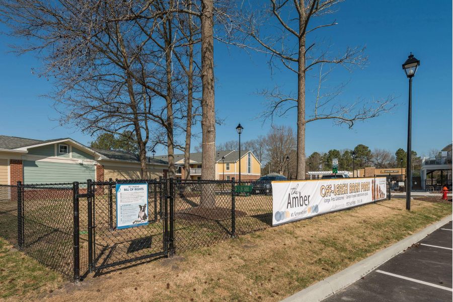 Black metal fenced dog park with sign and banners, trees, and houses in the background under a clear blue sky.