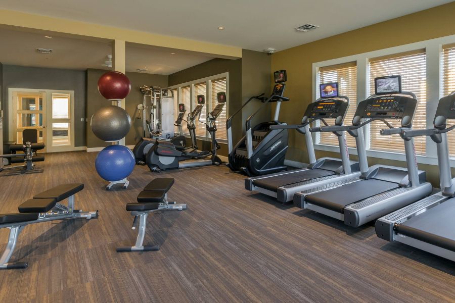 The Amber at Greenbrier Modern gym with treadmills, benches, exercise balls, and cardio machines, with large windows and wood flooring.